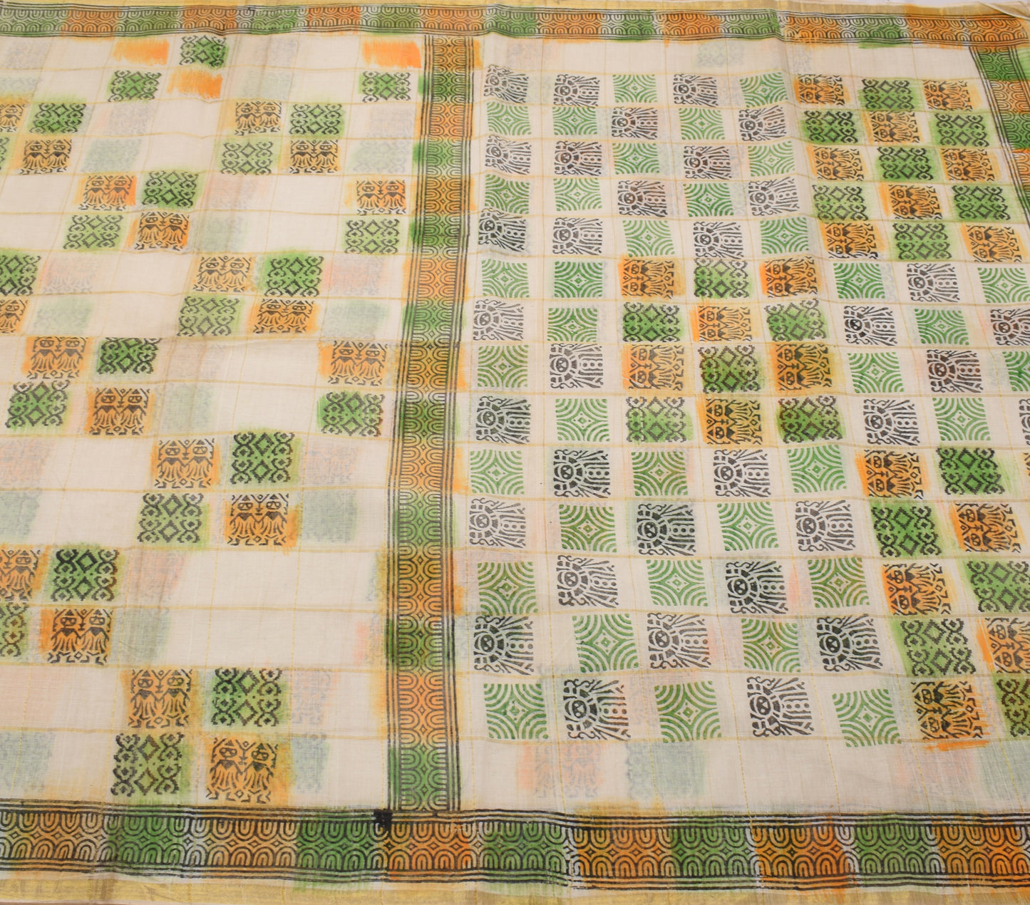 Sushila Vintage Cream Indian Saree 100% Pure Cotton Printed & Woven Craft Fabric