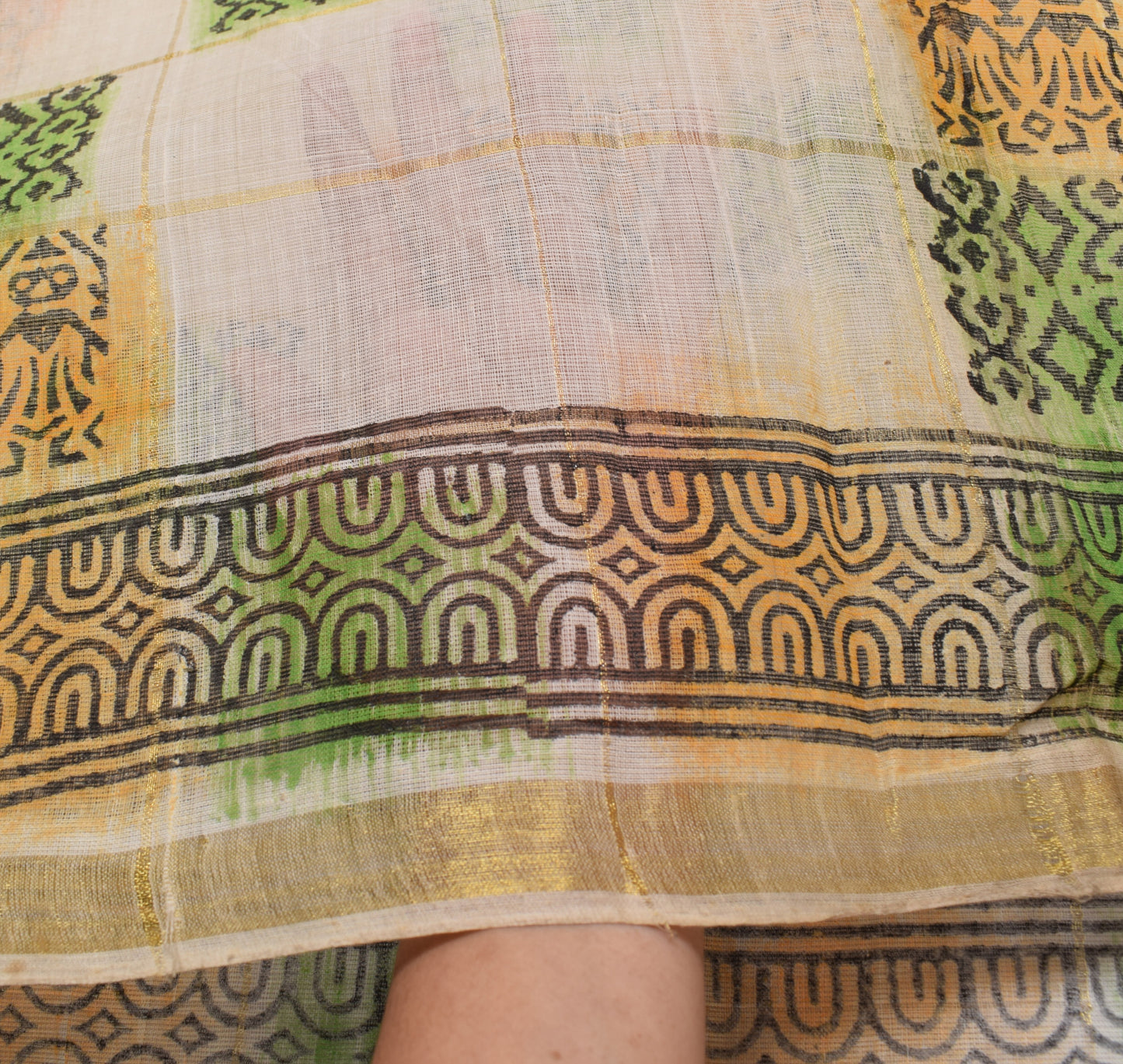 Sushila Vintage Cream Indian Saree 100% Pure Cotton Printed & Woven Craft Fabric