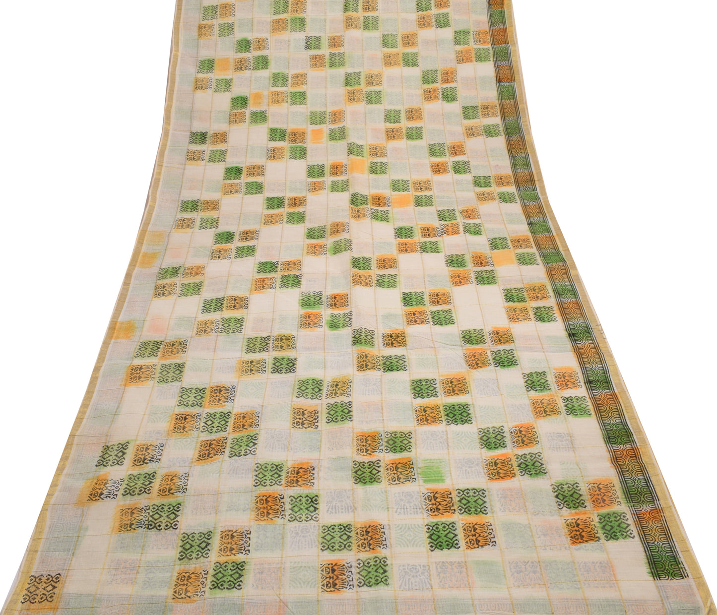 Sushila Vintage Cream Indian Saree 100% Pure Cotton Printed & Woven Craft Fabric