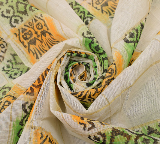 Sushila Vintage Cream Indian Saree 100% Pure Cotton Printed & Woven Craft Fabric