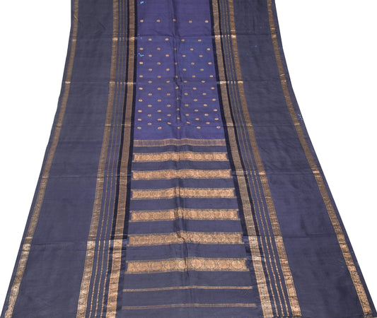 Sushila Vintage Zari Brocade Sari Remnant Scrap Pure Silk Blue Soft Craft Fabric