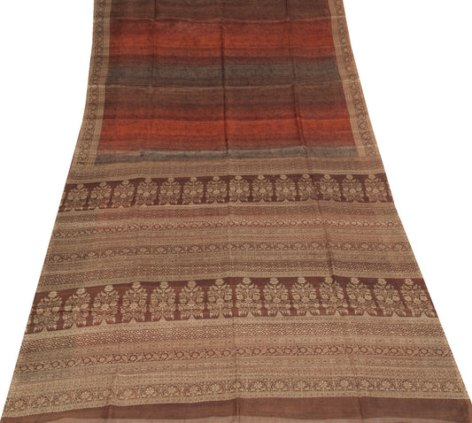 Sushila Vintage Brown Saree 100% Pure Silk Printed Floral 5 YD Soft Craft Fabric