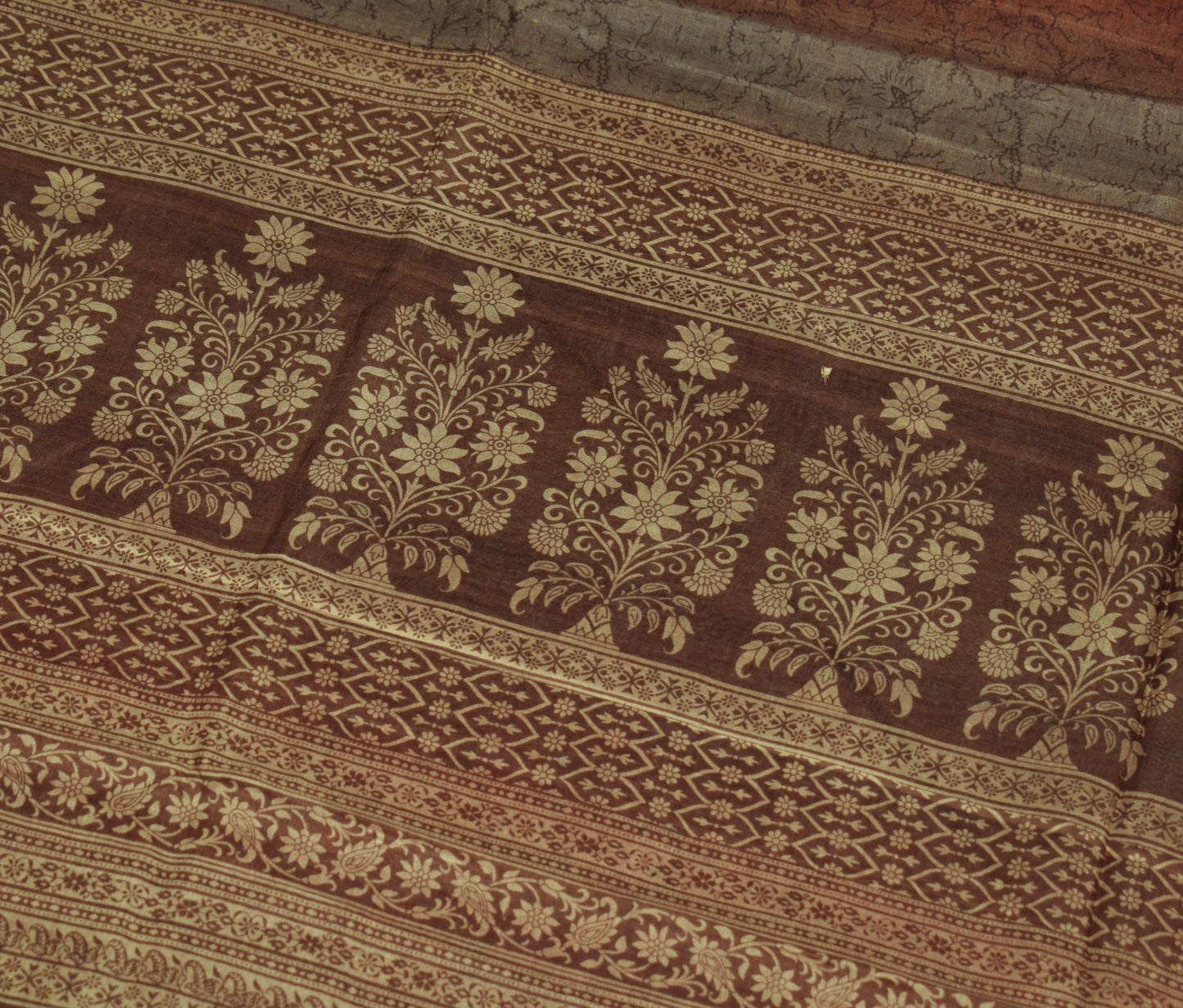Sushila Vintage Brown Saree 100% Pure Silk Printed Floral 5 YD Soft Craft Fabric