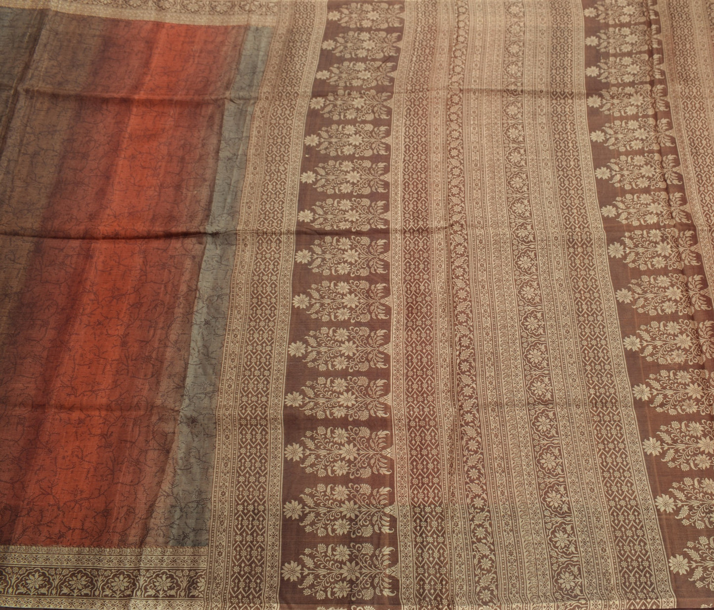 Sushila Vintage Brown Saree 100% Pure Silk Printed Floral 5 YD Soft Craft Fabric