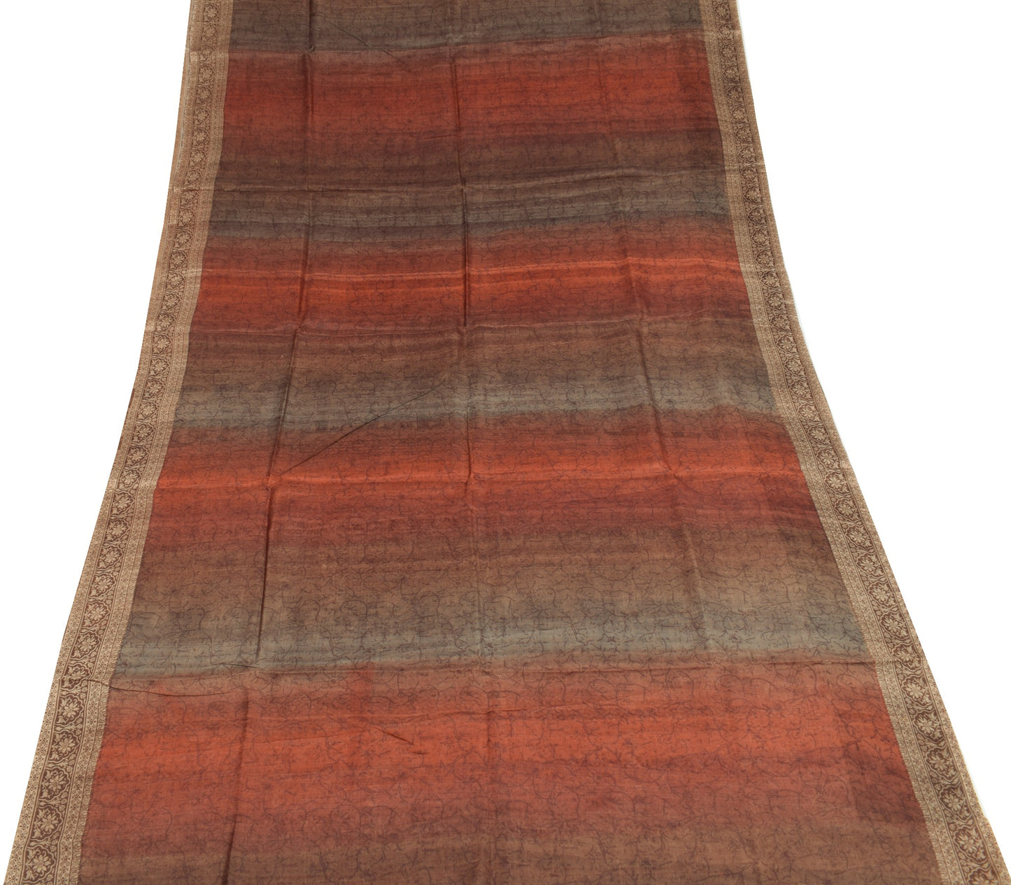 Sushila Vintage Brown Saree 100% Pure Silk Printed Floral 5 YD Soft Craft Fabric