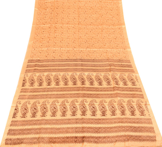 Sushila Vintage Beige Saree Pure Silk Printed Floral Woven Border Soft Fabric