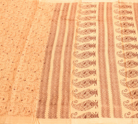 Sushila Vintage Beige Saree Pure Silk Printed Floral Woven Border Soft Fabric