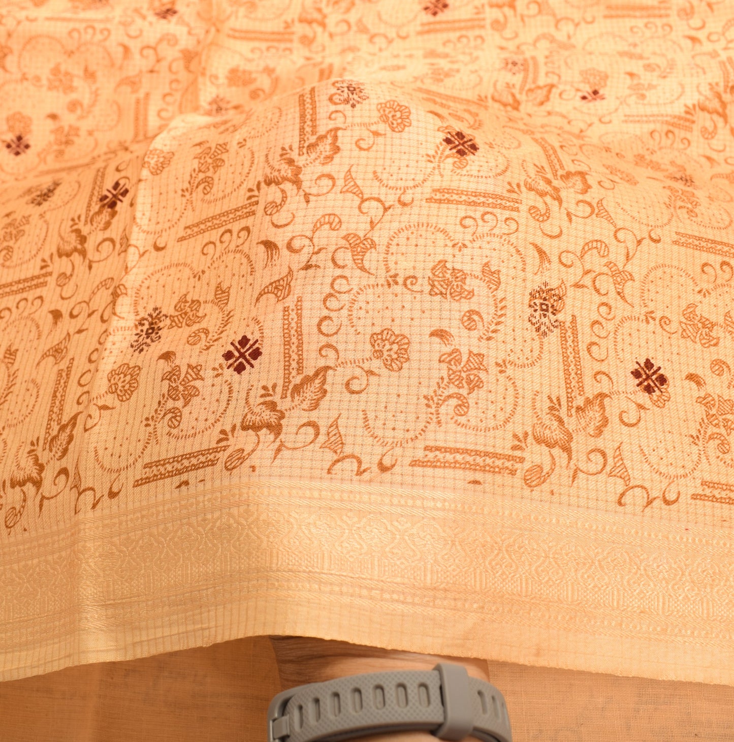 Sushila Vintage Beige Saree Pure Silk Printed Floral Woven Border Soft Fabric