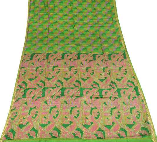 Sushila Vintage Green Saree Pure Silk Printed with Aari Work Soft Craft Fabric