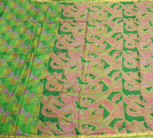 Sushila Vintage Green Saree Pure Silk Printed with Aari Work Soft Craft Fabric