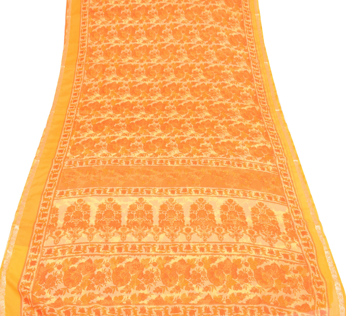 Sushila Vintage Yellow Saree Art Chiffon Silk Printed Floral Soft Craft Fabric