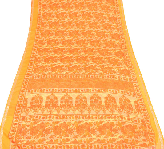 Sushila Vintage Yellow Saree Art Chiffon Silk Printed Floral Soft Craft Fabric