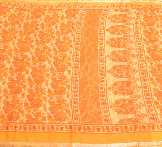 Sushila Vintage Yellow Saree Art Chiffon Silk Printed Floral Soft Craft Fabric