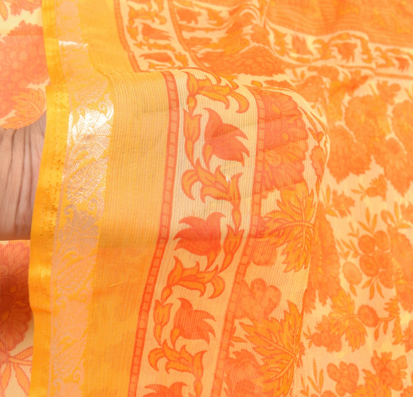 Sushila Vintage Yellow Saree Art Chiffon Silk Printed Floral Soft Craft Fabric