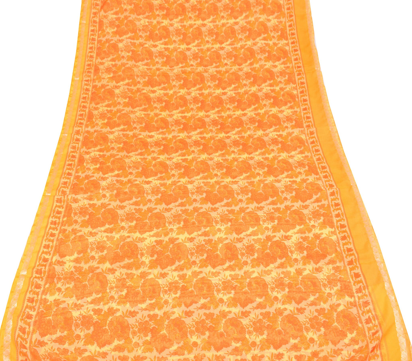 Sushila Vintage Yellow Saree Art Chiffon Silk Printed Floral Soft Craft Fabric