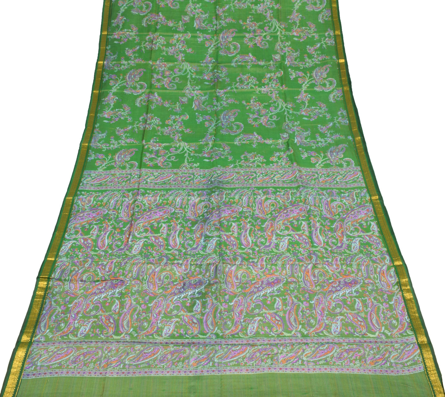 Sushila Vintage Green Saree 100% Pure Silk Printed Soft Floral 5 YD Craft Fabric