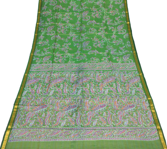 Sushila Vintage Green Saree 100% Pure Silk Printed Soft Floral 5 YD Craft Fabric