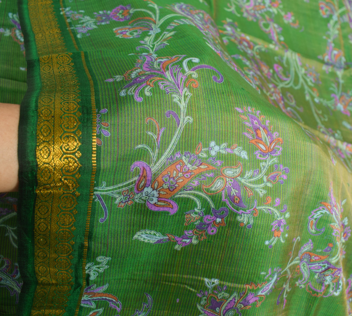 Sushila Vintage Green Saree 100% Pure Silk Printed Soft Floral 5 YD Craft Fabric