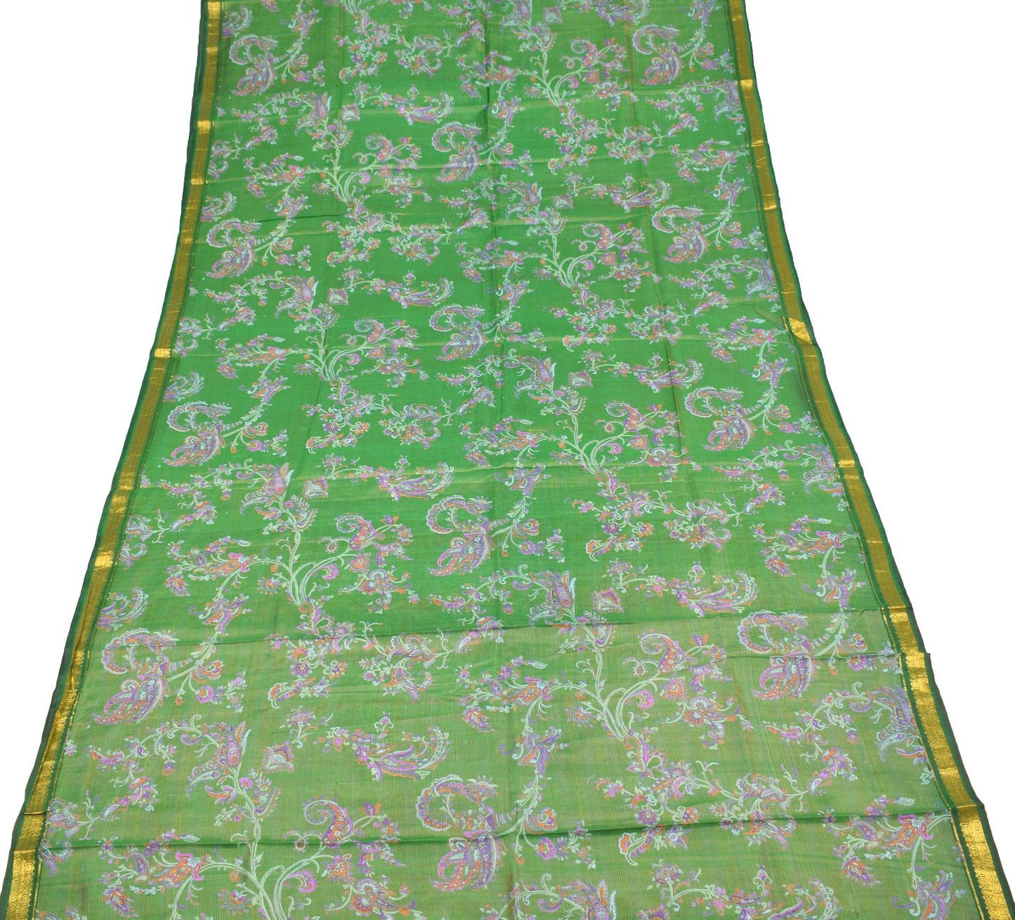 Sushila Vintage Green Saree 100% Pure Silk Printed Soft Floral 5 YD Craft Fabric