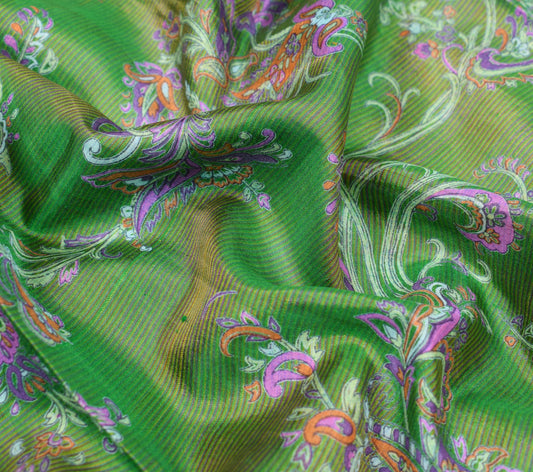 Sushila Vintage Green Saree 100% Pure Silk Printed Soft Floral 5 YD Craft Fabric