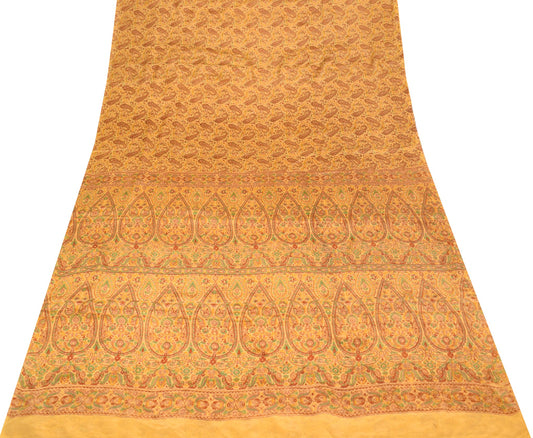 Sushila Vintage Mustard Saree 100% Pure Silk Paisley Printed Soft Craft Fabric