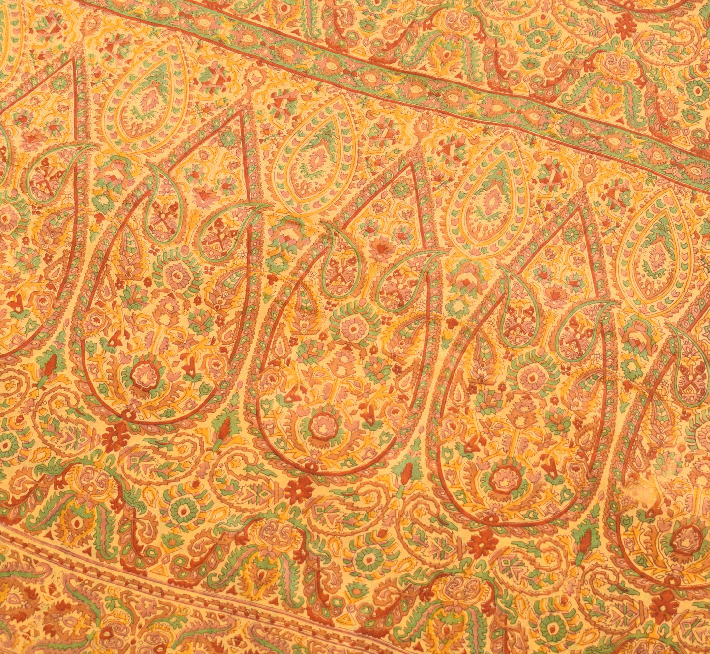 Sushila Vintage Mustard Saree 100% Pure Silk Paisley Printed Soft Craft Fabric