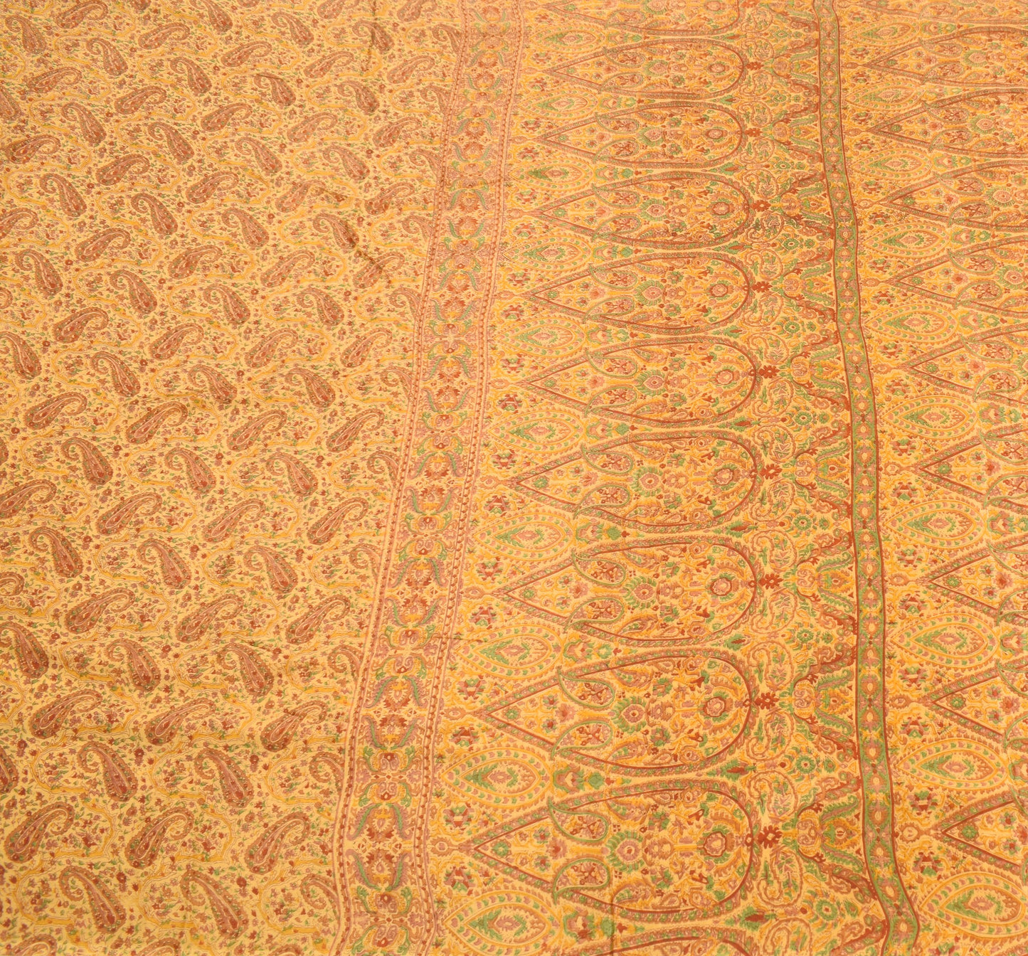 Sushila Vintage Mustard Saree 100% Pure Silk Paisley Printed Soft Craft Fabric