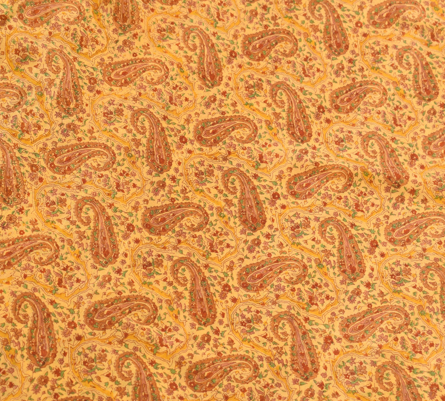 Sushila Vintage Mustard Saree 100% Pure Silk Paisley Printed Soft Craft Fabric