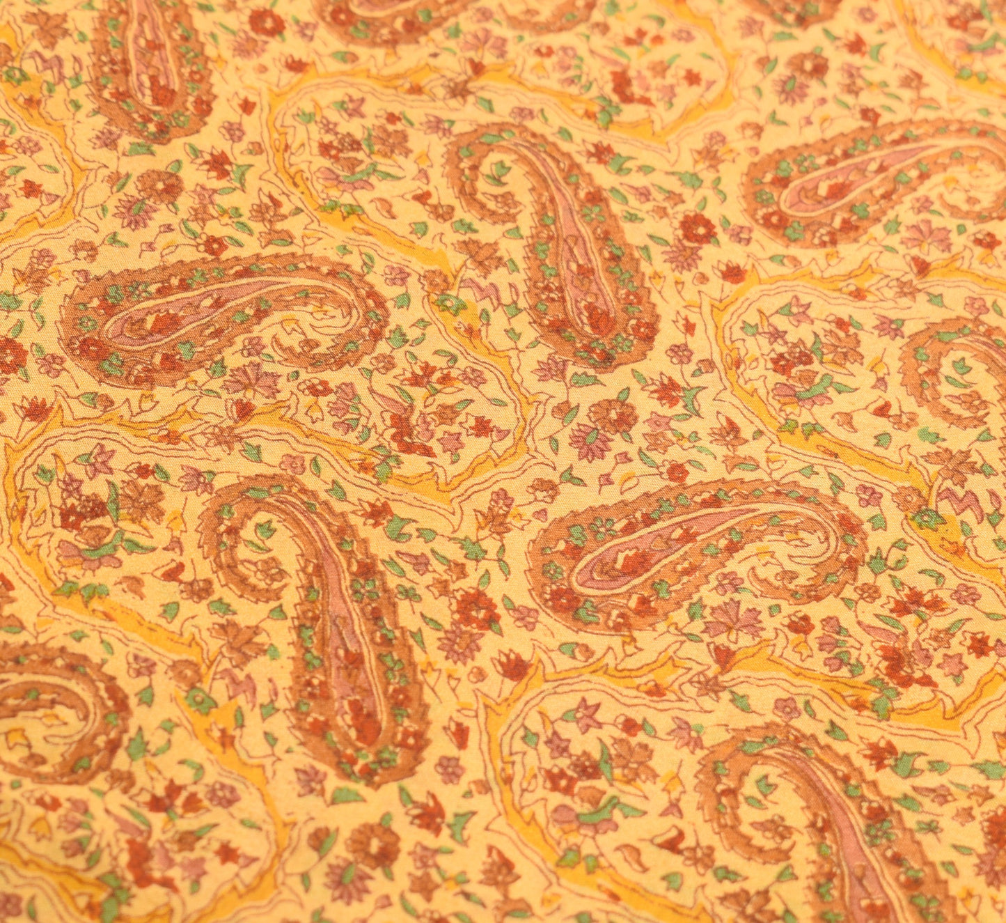 Sushila Vintage Mustard Saree 100% Pure Silk Paisley Printed Soft Craft Fabric