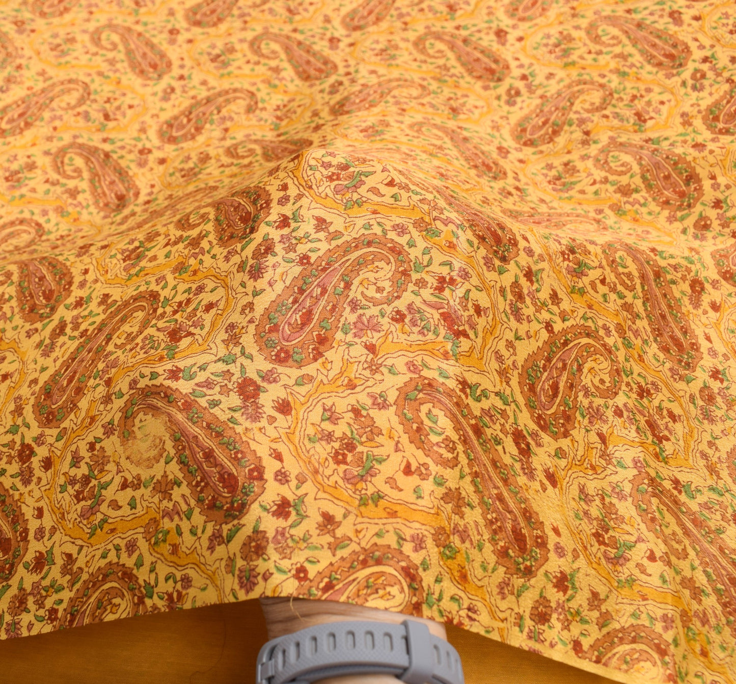 Sushila Vintage Mustard Saree 100% Pure Silk Paisley Printed Soft Craft Fabric