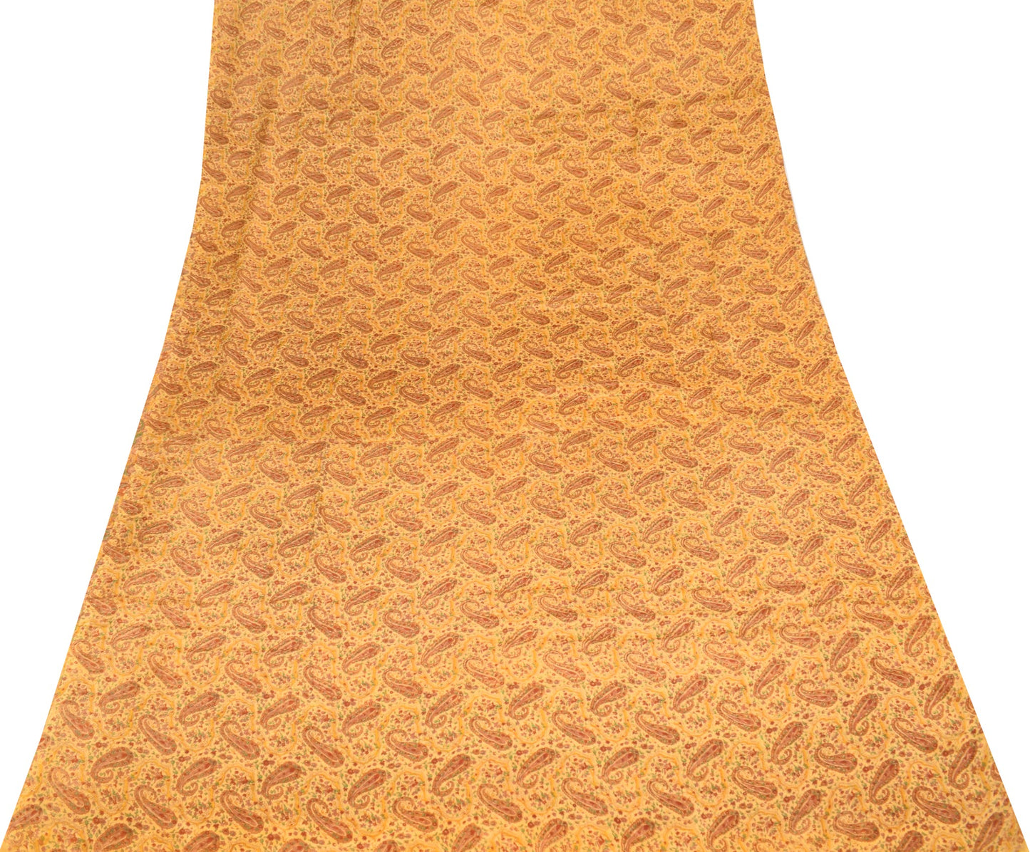 Sushila Vintage Mustard Saree 100% Pure Silk Paisley Printed Soft Craft Fabric