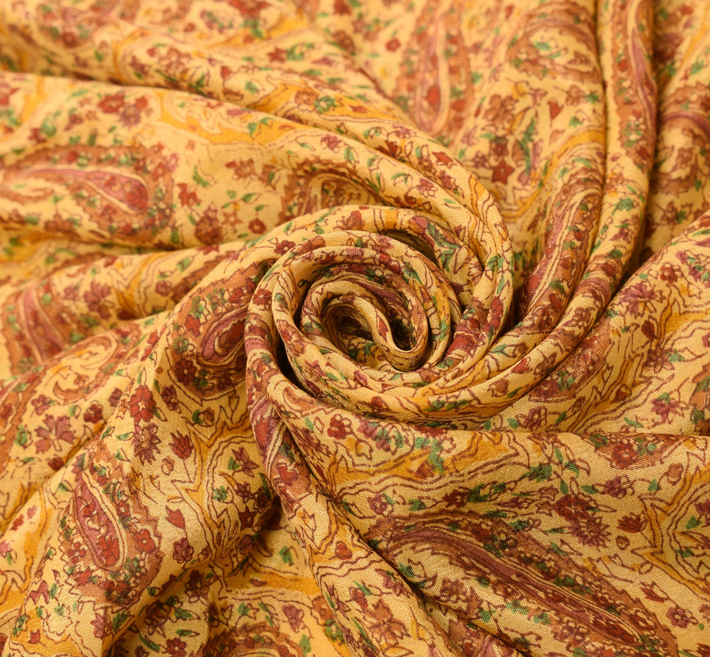 Sushila Vintage Mustard Saree 100% Pure Silk Paisley Printed Soft Craft Fabric
