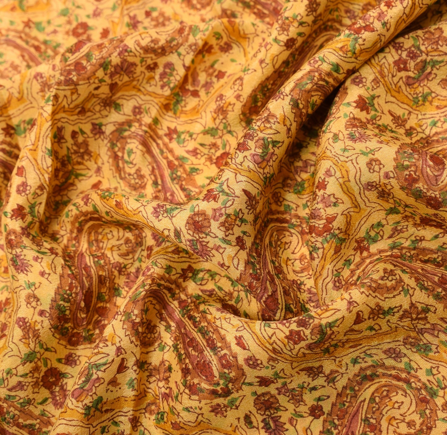 Sushila Vintage Mustard Saree 100% Pure Silk Paisley Printed Soft Craft Fabric