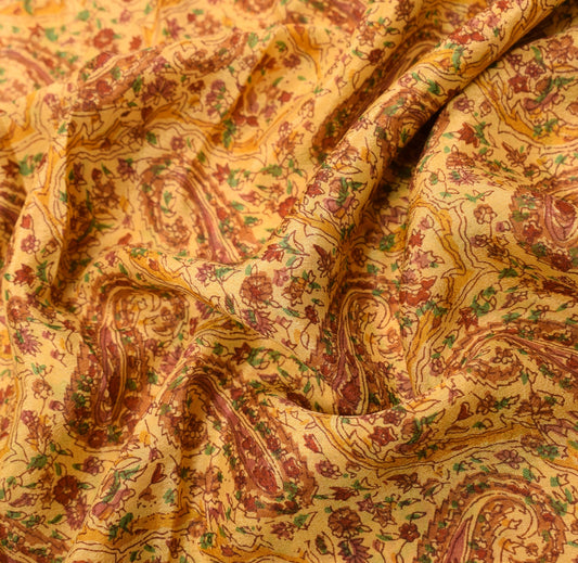 Sushila Vintage Mustard Saree 100% Pure Silk Paisley Printed Soft Craft Fabric