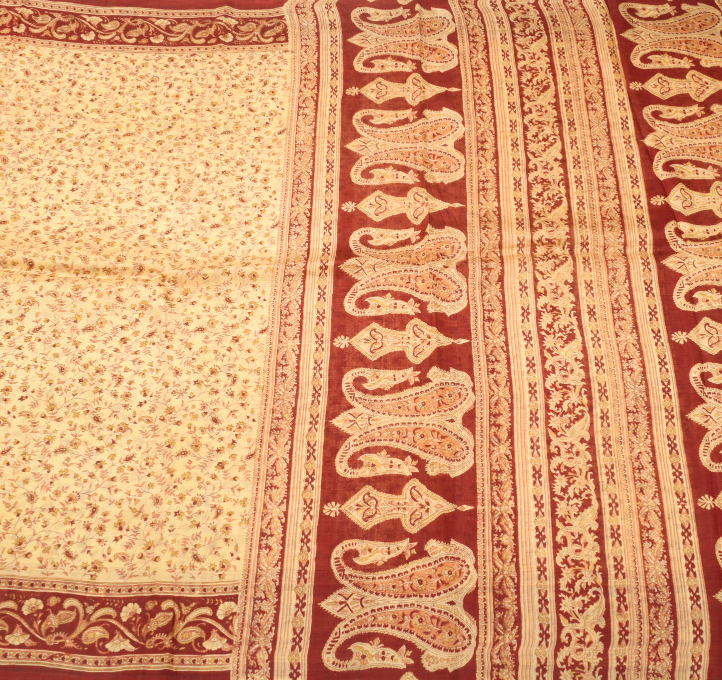 Sushila Vintage Cream Saree 100% Pure Silk Printed Soft Craft Floral Fabric