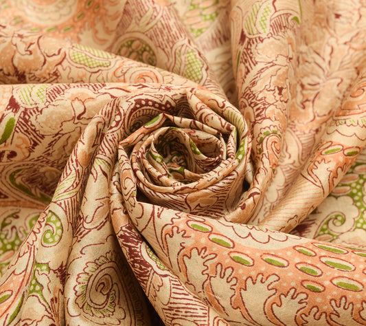 Sushila Vintage Cream Saree 100% Pure Silk Printed Floral Soft Craft Fabric