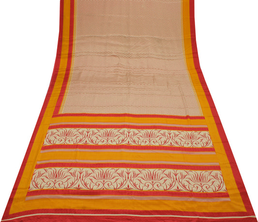 Sushila Vintage Cream Saree Blend Crepe Silk Printed Floral Soft Sari Fabric