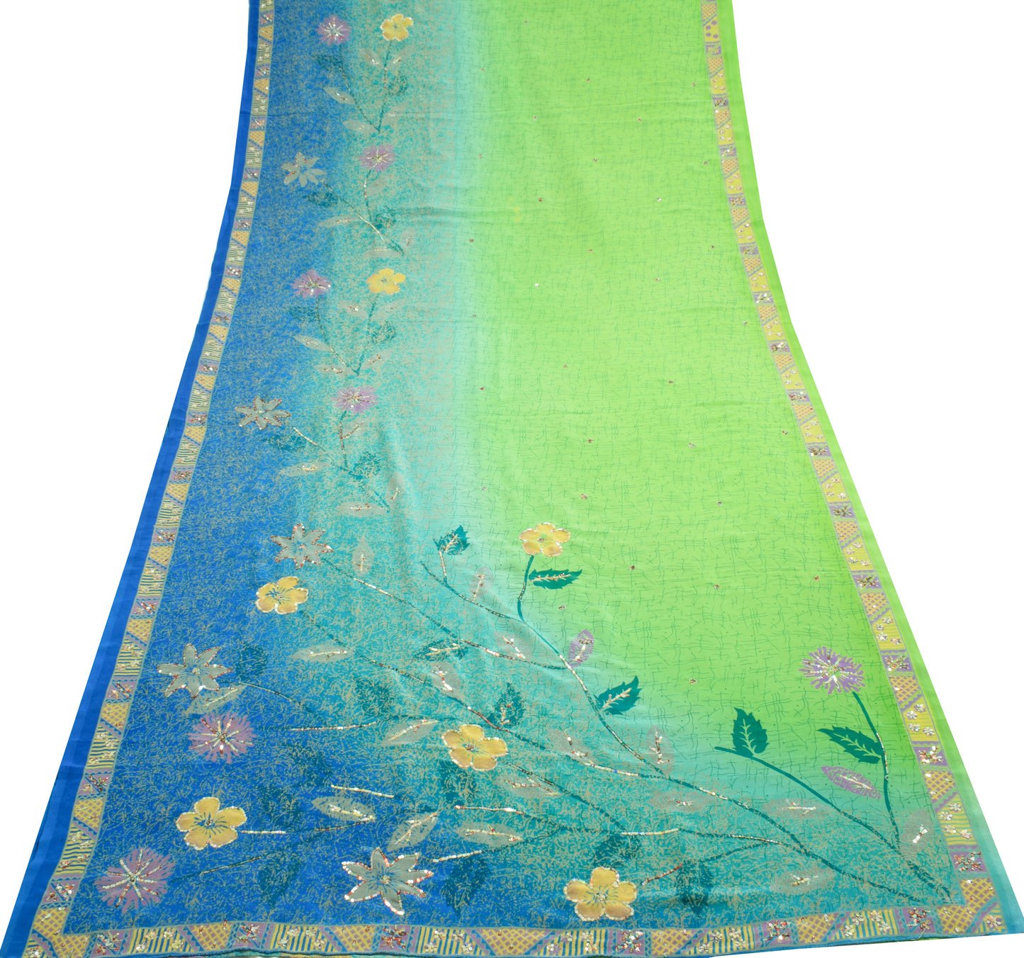 Sushila Vintage Blue & Green Saree Blend Crepe Silk Printed Floral Soft Fabric