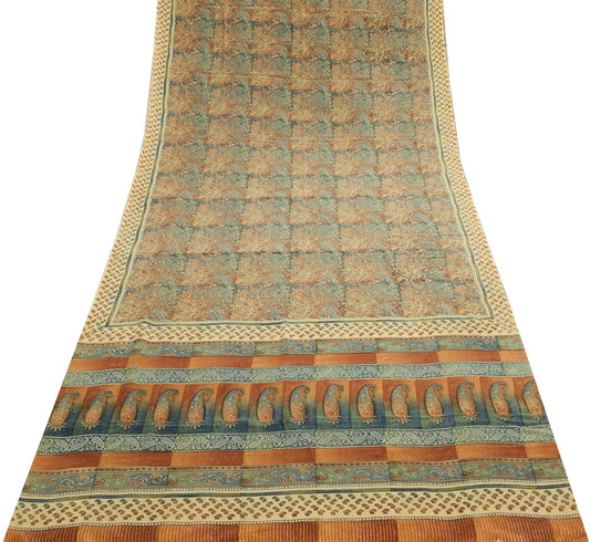 Sushila Vtg Branded MultiColor Saree Pure Crepe Silk Printed Paisley Soft Fabric