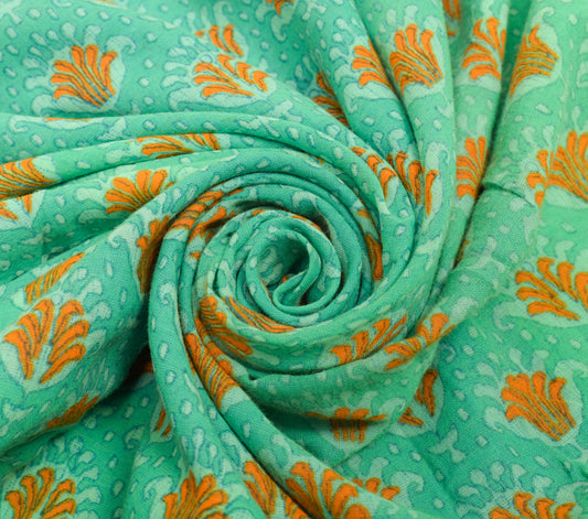 Sushila Vintage Green Saree 100% Pure Cotton Printed Floral Soft Craft Fabric