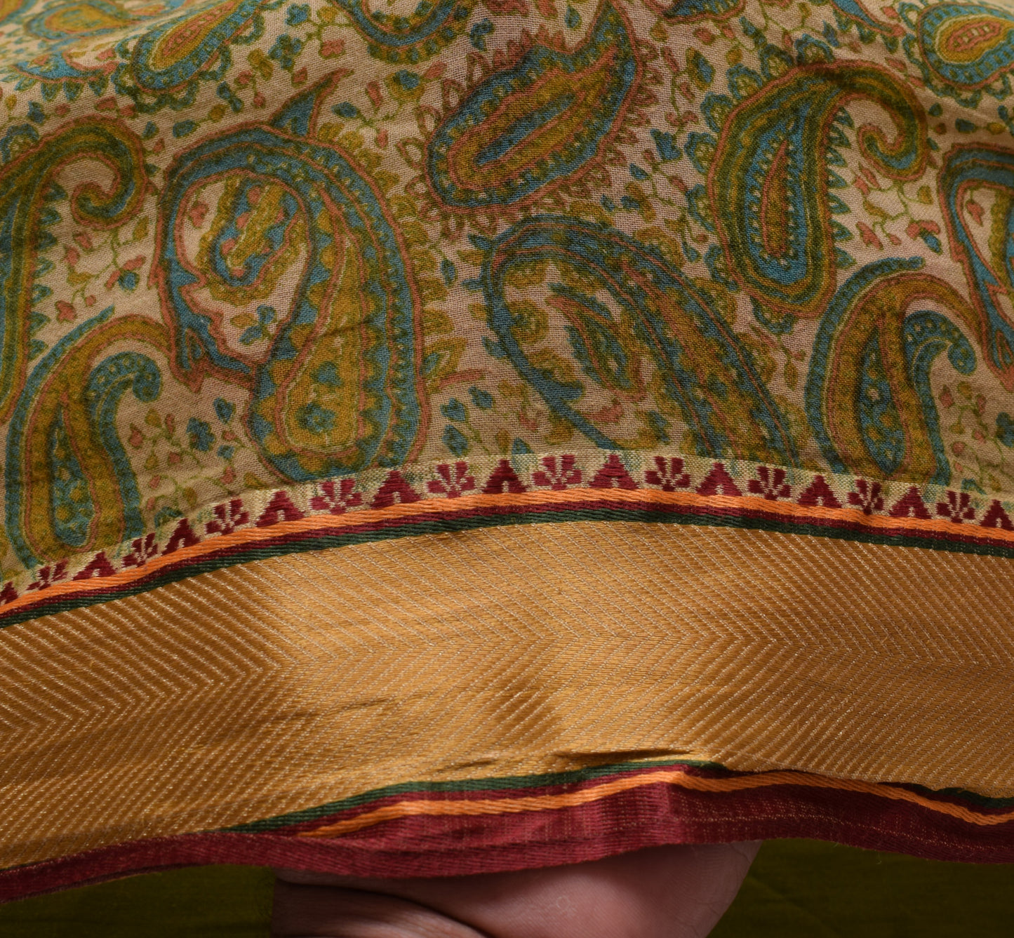 Sushila Vintage Green Saree 100% Pure Cotton Printed Paisley Soft Craft Fabric