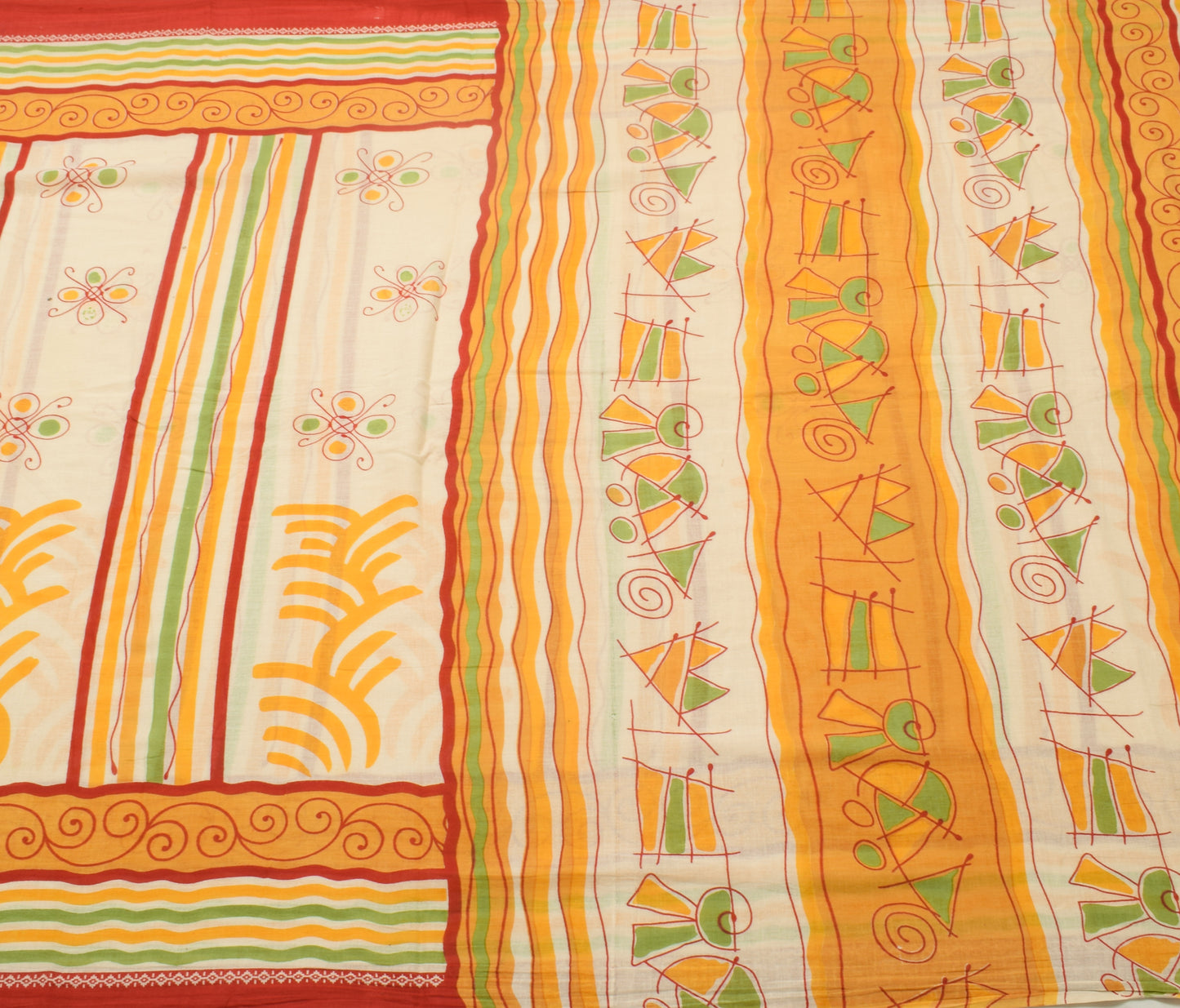 Sushila Vintage Cream Saree 100% Pure Cotton Printed Floral Soft Craft Fabric
