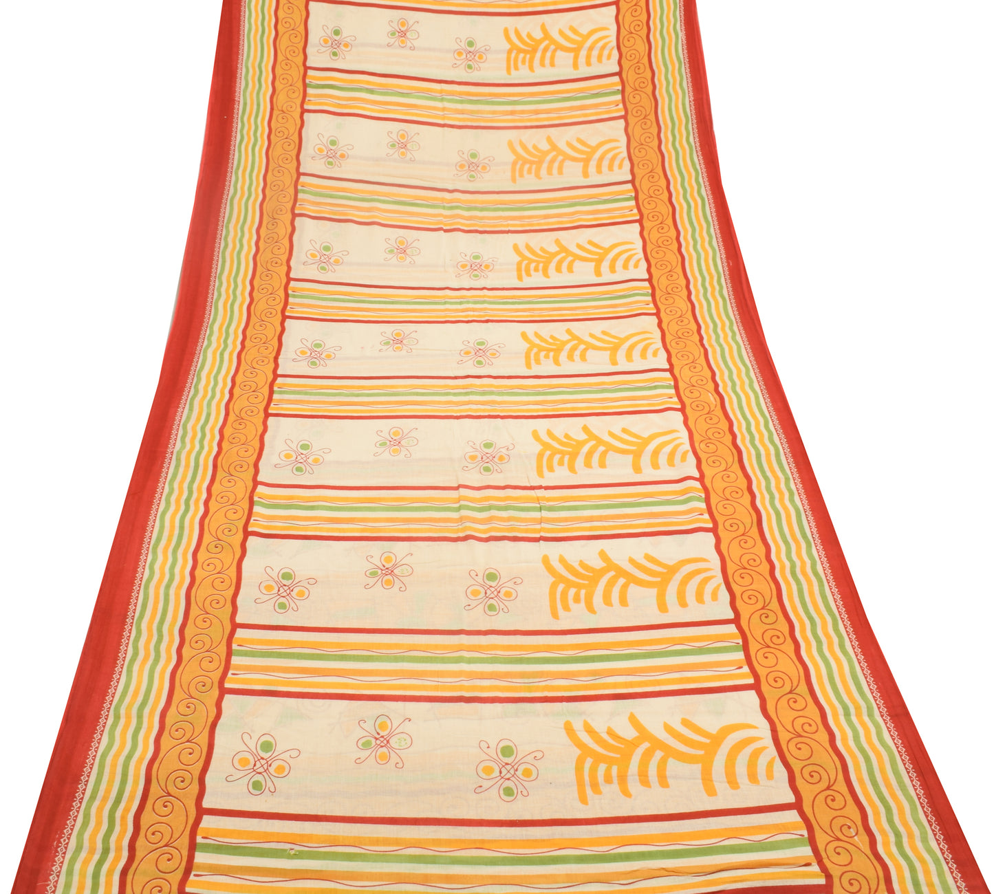 Sushila Vintage Cream Saree 100% Pure Cotton Printed Floral Soft Craft Fabric