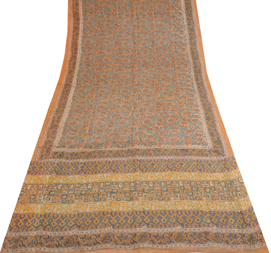 Sushila Vintage Peach Saree 100% Pure Cotton Printed Floral Soft Craft Fabric