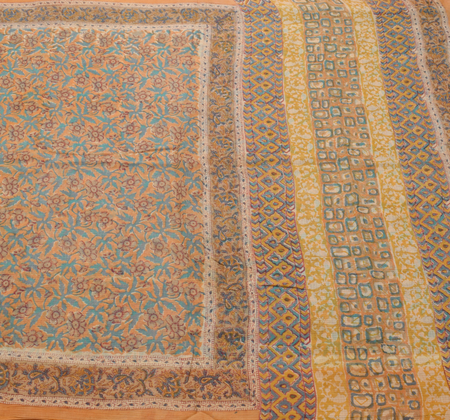 Sushila Vintage Peach Saree 100% Pure Cotton Printed Floral Soft Craft Fabric