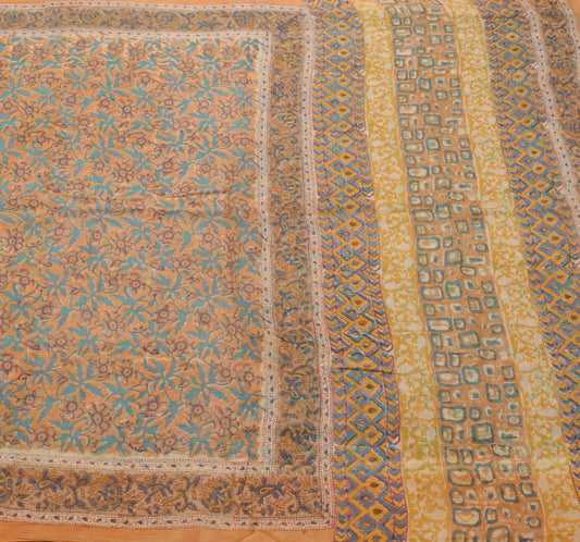 Sushila Vintage Peach Saree 100% Pure Cotton Printed Floral Soft Craft Fabric