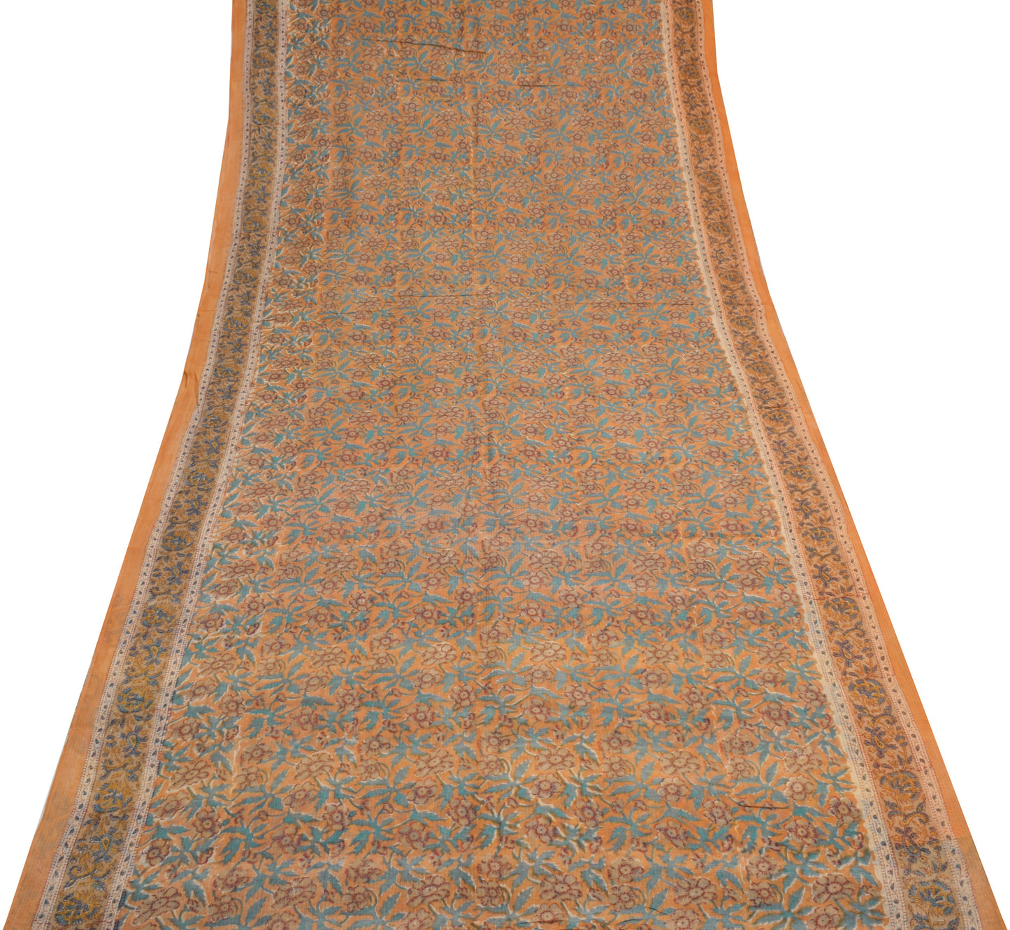 Sushila Vintage Peach Saree 100% Pure Cotton Printed Floral Soft Craft Fabric