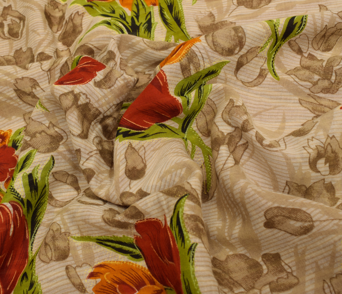 Sushila Vintage Brown Saree 100% Pure Cotton Printed Floral Soft Craft Fabric
