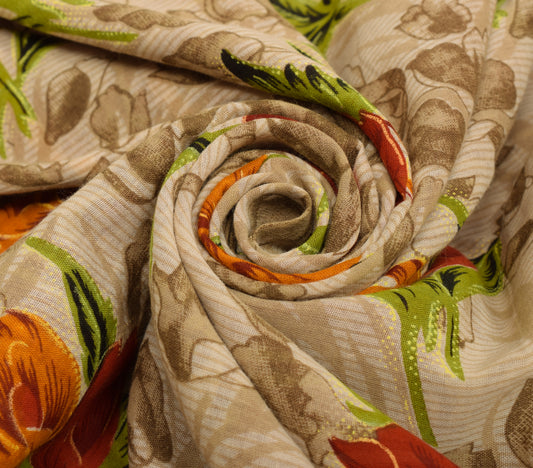 Sushila Vintage Brown Saree 100% Pure Cotton Printed Floral Soft Craft Fabric