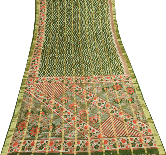 Sushila Vintage Green Indian Saree 100% Pure Cotton Printed Soft Craft Fabric
